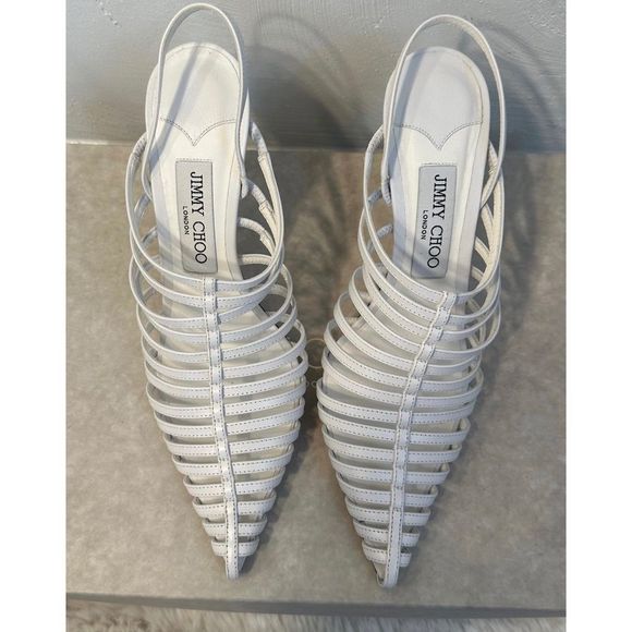 Jimmy Choo Thu 85 White Nappa Leather Sling Back Heels with Horizontal Straps - Picture 2 of 16